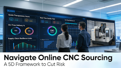 Procurement and engineering professionals in a modern command center analyze a data dashboard evaluating online CNC services on key performance indicators, with a live feed of a CNC machine, visualizing a strategic, data-driven supplier selection process.