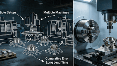 The comparative diagram illustrates the evolution from traditional multi-machine, multi-clamping CNC machining processes to modern turning-milling hybrid machining centers that complete all operations in a single clamping cycle. The left panel demonstrates inefficient part transfer between multiple machines, while the right panel highlights the high-precision and integrated manufacturing capabilities achieved by a single multi-axis turning-milling hybrid machine tool.